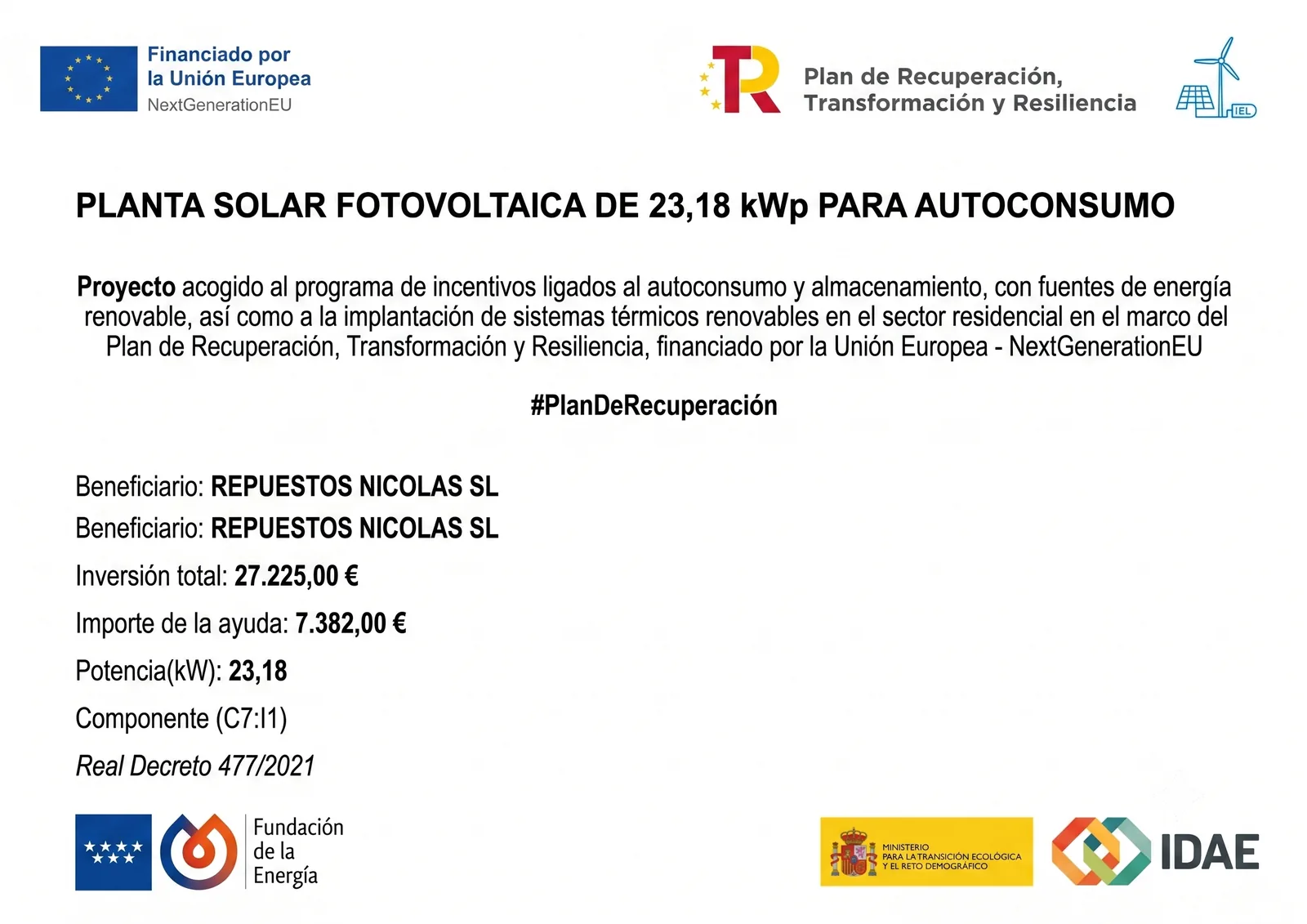 Planta solar fotovoltaica para autoconsumo en las instalaciones de Repuestos Nicolás en Getafe (Madrid)